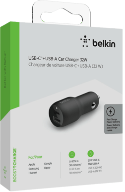 Belkin Billaddare 1x USB- C 1x USB-A 32 W Svart