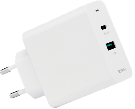 DELTACO väggladdare PD 1x USB-A, 1x USB-C, PD, 36 W, vit