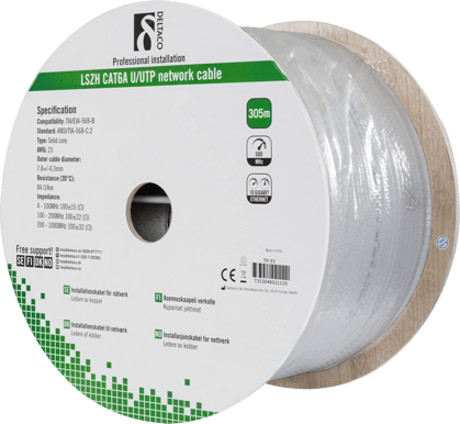 DELTACO U/FTP Cat6a installationskabel, 305m,