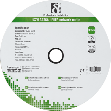 DELTACO U/FTP Cat6a installationskabel, 305m,