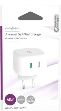 Nedis Väggladdare GaN 2x USB-C 45W