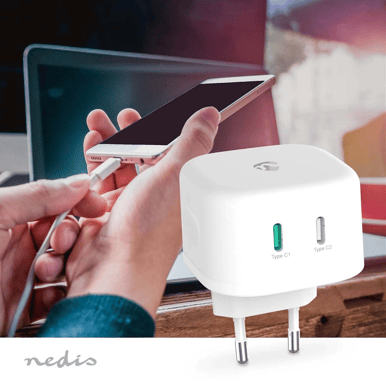 Nedis Väggladdare GaN 2x USB-C 45W