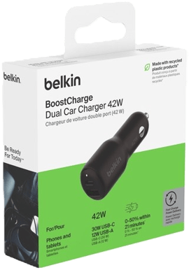 Belkin Billaddare 30W USB-C + 12W USB-A Svart