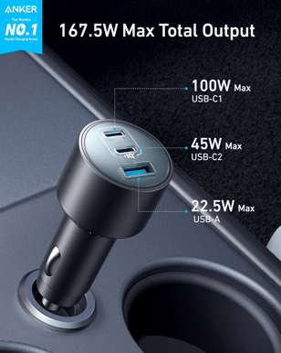 Anker Billaddare 167W 3 portar ink USB-C kabel