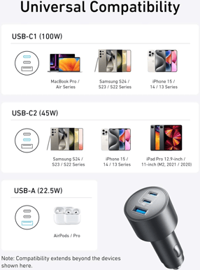 Anker Billaddare 167W 3 portar ink USB-C kabel