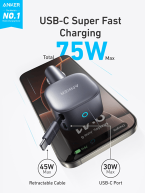 Anker Nano 75W Billaddare med Inbyggd kabel