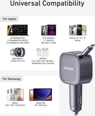 Anker Nano 75W Billaddare med Inbyggd kabel