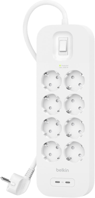 Belkin Överspänningsskydd 8 kontakter + 2 USB-C portar 30W PD