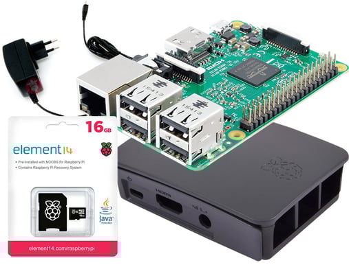 Raspberry Pi 3B Startpaket | 16GB SD | Låda | AC-Adapter