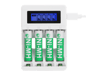 DELTACO USB batteriladdare för 4xAA/AAA Ni-MH/Ni-Cd batterier, inkluderar 4x AAA batterier, vit