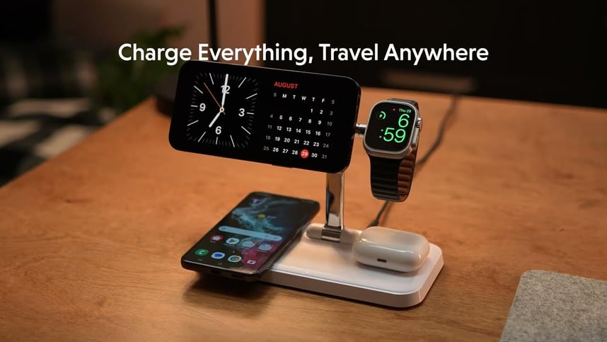 HyperJuice Next Qi2 4-in-1 Magnetic Charging Stand - Wirelessly charge up to four devices anywhere!